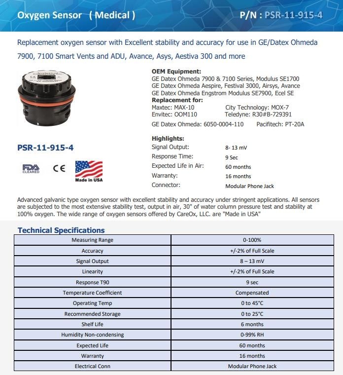 Nichttoxischer medizinischer Sauerstoffsensor Portable Plastic PSR-11-915-4 für 7900 7100 ADU